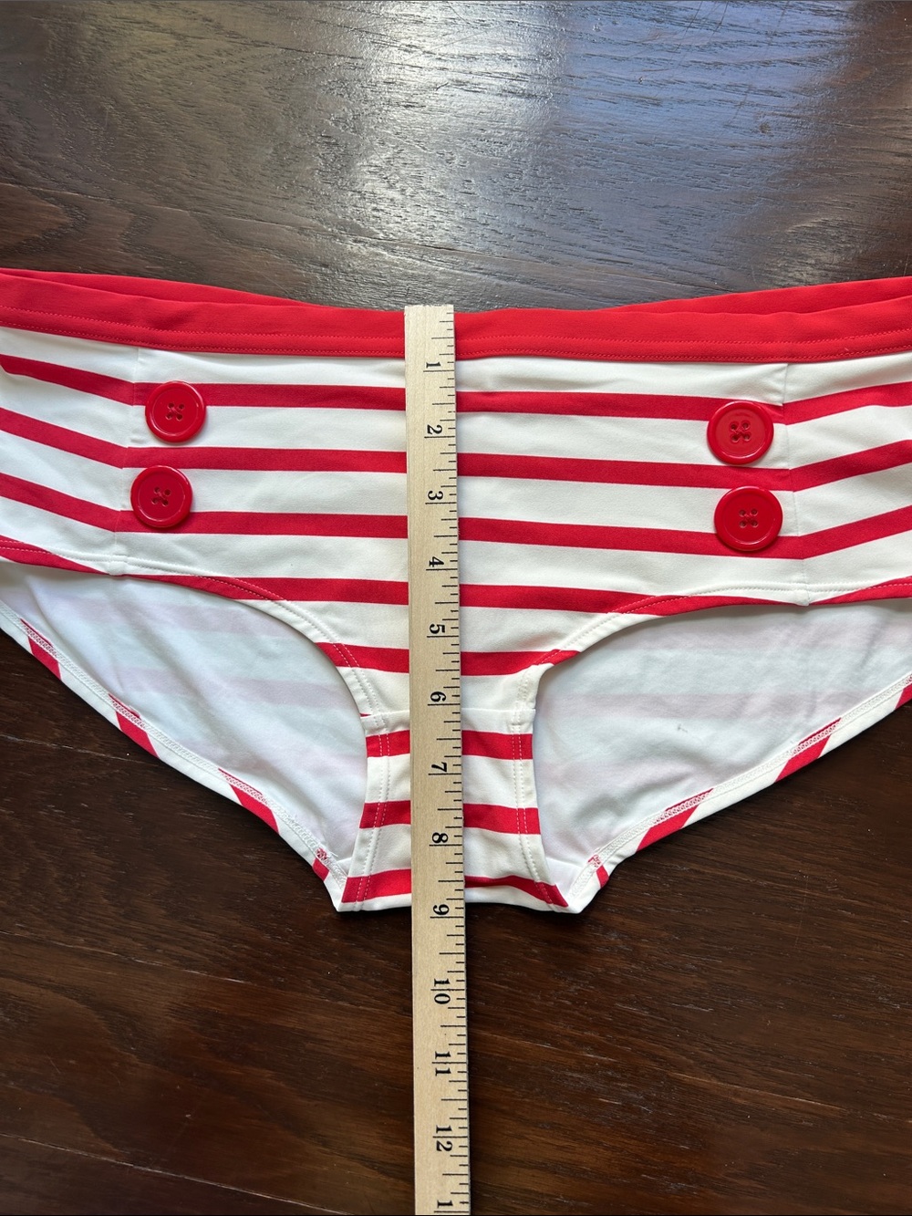Red and White Striped Bikini Briefs with Button Accents - Picture 5 of 5